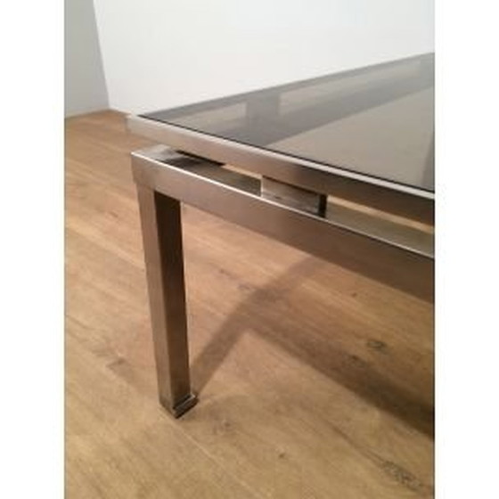 Image 1 of Quadratischer Vintage-Couchtisch aus gebürstetem Metall und Glas von Guy Lefèvre, 1970