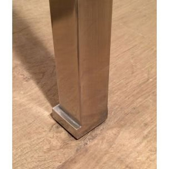 Image 1 of Quadratischer Vintage-Couchtisch aus gebürstetem Metall und Glas von Guy Lefèvre, 1970