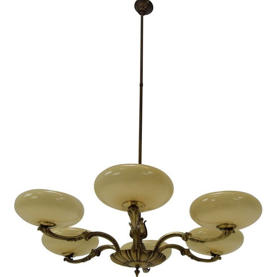 Image 1 of Vintage Art Deco Kronleuchter aus Glas und Messing, Tschechoslowakei 1930
