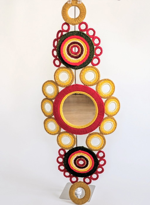 Macrame Hanging Mirror | Vintage Floral Fiber Art | 1970'S