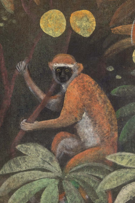 Image 1 of Gemalte Leinwand mit Tieren auf exotischem Hintergrund. Zeitgenössisch.