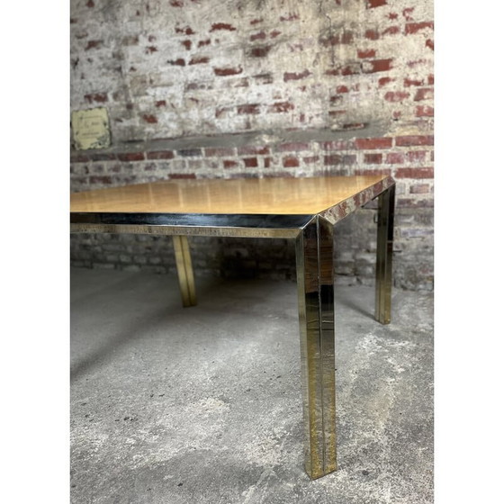 Image 1 of Italienischer quadratischer Vintage-Tisch aus Moiré-Metall und Ulmenwurzelholz, 1970