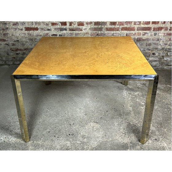 Image 1 of Italienischer quadratischer Vintage-Tisch aus Moiré-Metall und Ulmenwurzelholz, 1970