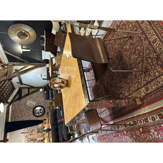 Image 1 of Italienischer quadratischer Vintage-Tisch aus Moiré-Metall und Ulmenwurzelholz, 1970