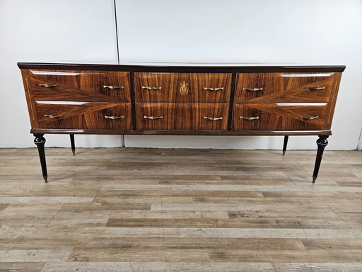 Mid Century Sideboard aus Ahorn, Nussbaum und Palisander mit Glasplatte