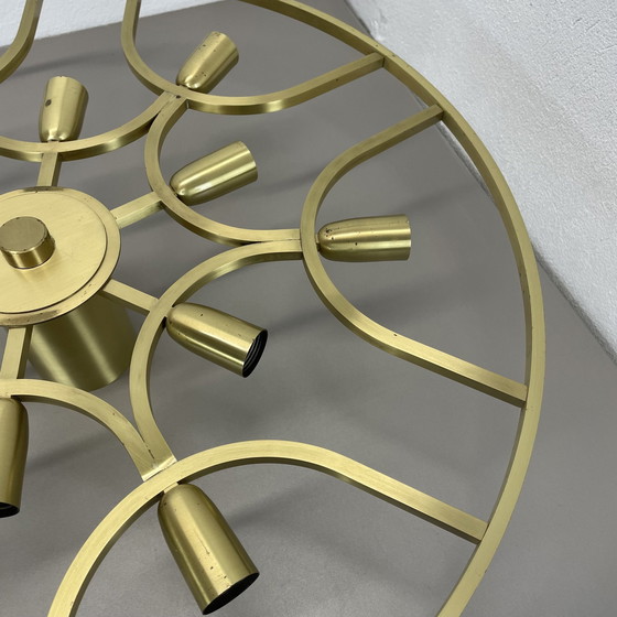 Image 1 of Große 64cm Messing 12 Glühbirnen Stilnovo Style Flush Mount Deckenleuchte, Italien 1960S