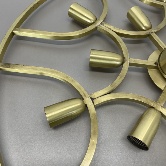 Image 1 of Große 64cm Messing 12 Glühbirnen Stilnovo Style Flush Mount Deckenleuchte, Italien 1960S