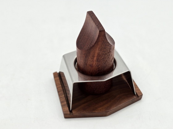 Image 1 of Egg Holder Set - Set von 6 Edelstahl-Eierkappen auf Holzhalter - Edelstahl, Holz - Vintage Design