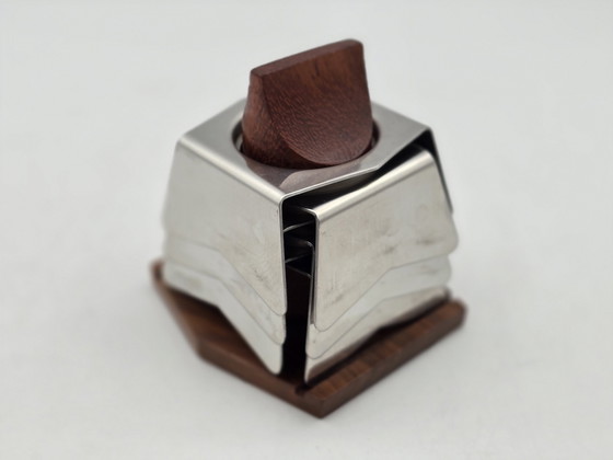 Image 1 of Egg Holder Set - Set von 6 Edelstahl-Eierkappen auf Holzhalter - Edelstahl, Holz - Vintage Design