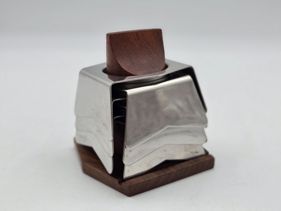 Image 1 of Egg Holder Set - Set von 6 Edelstahl-Eierkappen auf Holzhalter - Edelstahl, Holz - Vintage Design