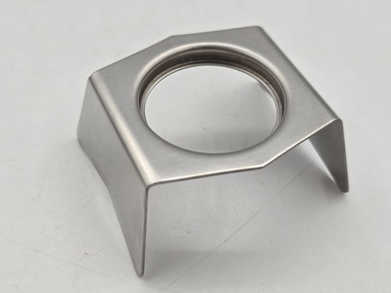 Image 1 of Egg Holder Set - Set von 6 Edelstahl-Eierkappen auf Holzhalter - Edelstahl, Holz - Vintage Design