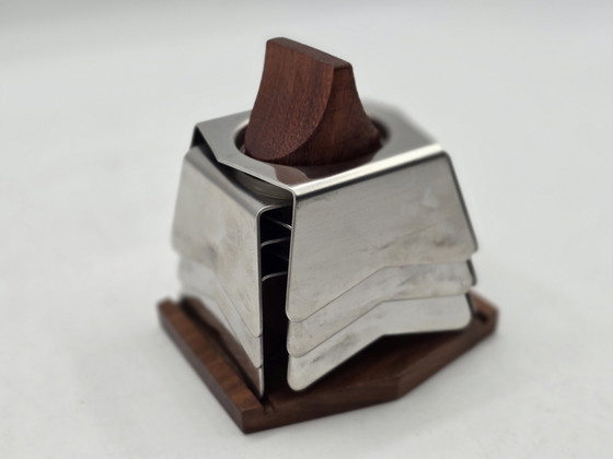 Image 1 of Egg Holder Set - Set von 6 Edelstahl-Eierkappen auf Holzhalter - Edelstahl, Holz - Vintage Design