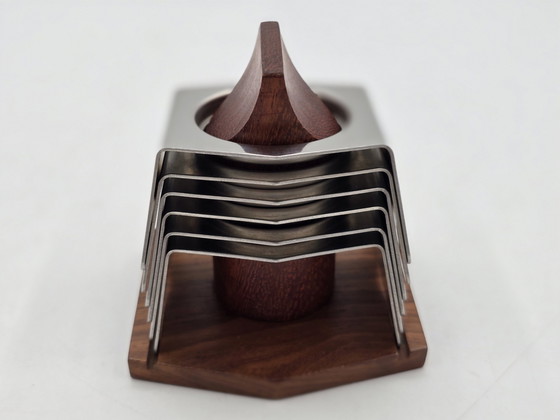 Image 1 of Egg Holder Set - Set von 6 Edelstahl-Eierkappen auf Holzhalter - Edelstahl, Holz - Vintage Design