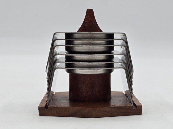 Image 1 of Egg Holder Set - Set von 6 Edelstahl-Eierkappen auf Holzhalter - Edelstahl, Holz - Vintage Design