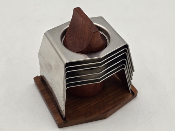 Image 1 of Egg Holder Set - Set von 6 Edelstahl-Eierkappen auf Holzhalter - Edelstahl, Holz - Vintage Design