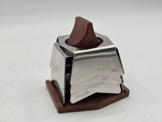 Image 1 of Egg Holder Set - Set von 6 Edelstahl-Eierkappen auf Holzhalter - Edelstahl, Holz - Vintage Design