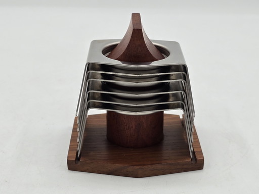 Egg Holder Set - Set von 6 Edelstahl-Eierkappen auf Holzhalter - Edelstahl, Holz - Vintage Design