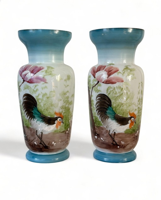 Vintage Opalglasvase Vasen mit handgemaltem Huhn