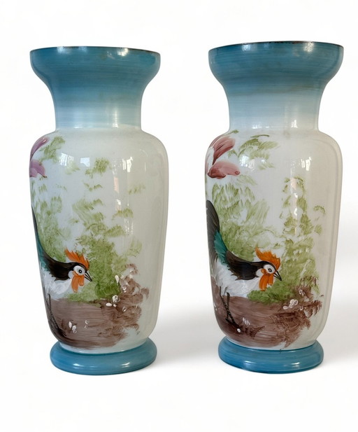 Vintage Opalglasvase Vasen mit handgemaltem Huhn