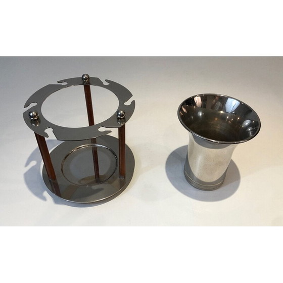 Image 1 of Sektkübel aus versilbertem Metall und Leder mit Flötenaufsteller, Frankreich 1970