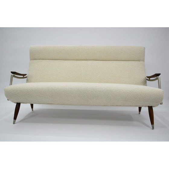 Image 1 of Vintage 3-Sitzer Sofa aus Teakholz und weißem Bouclé-Stoff, Dänemark 1960er Jahre