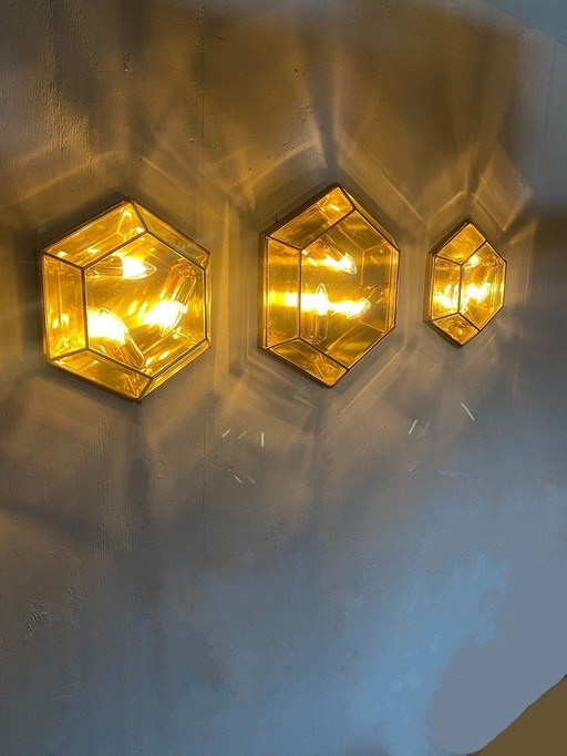 Vintage Sechseck Facettiertes Glas und Messing -Set-