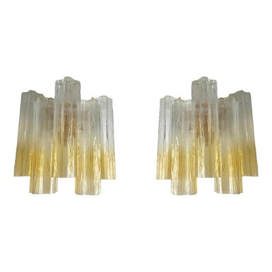 Image 1 of Paar Vanished-Clear Bernstein "Tronchi" Murano-Glas Wandleuchter in Venini Stil