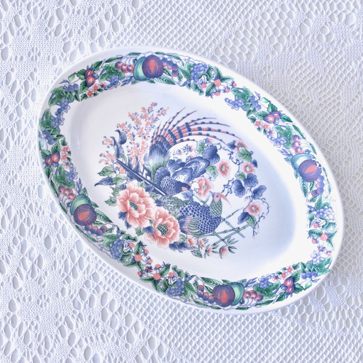 Große ovale Schale Vintage Italienisch Dekor Vögel, Blumen Und Früchte