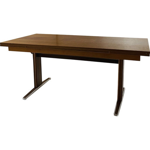 Vintage ausziehbarer Couchtisch aus Holzfurnier und Chrom, Italien 1970er