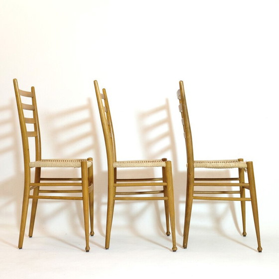 Image 1 of Satz von 3 Vintage-Stühlen aus Holz und Seil, Italien 1950