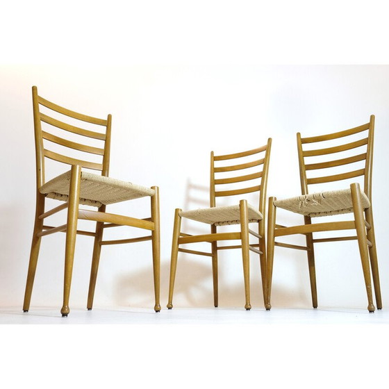 Image 1 of Satz von 3 Vintage-Stühlen aus Holz und Seil, Italien 1950