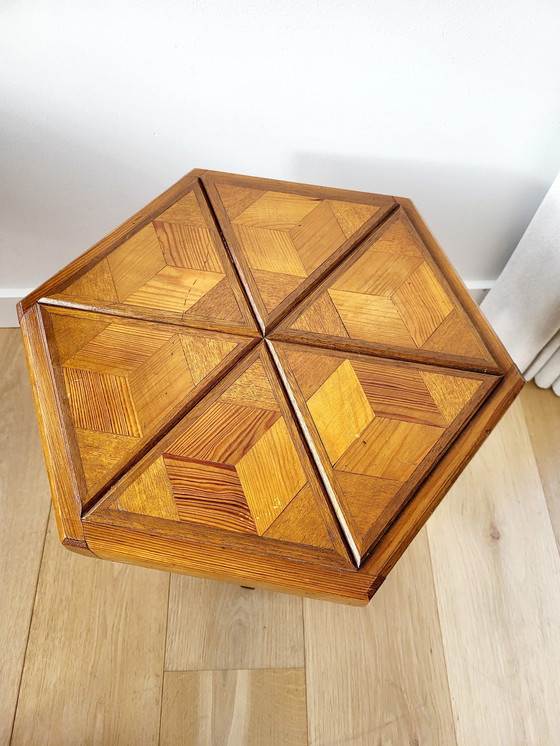 Image 1 of Art Deco Sechseckiger Holzbeistelltisch oder Pflanztisch, Intarsienholzplatte