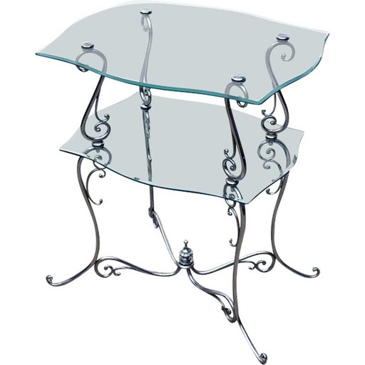 Zweistöckiger Couchtisch aus verchromtem Messing und Kristall, Italien 1950