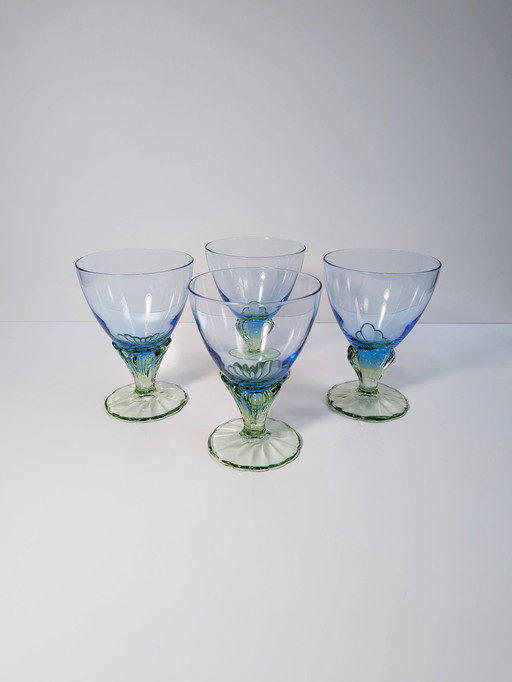 4 Vintage Italienische Gläser Dessert Schalen Glas Grün Blau Postmodern Bormioli Rocco Bahia 80Er 90Er Eisbecher