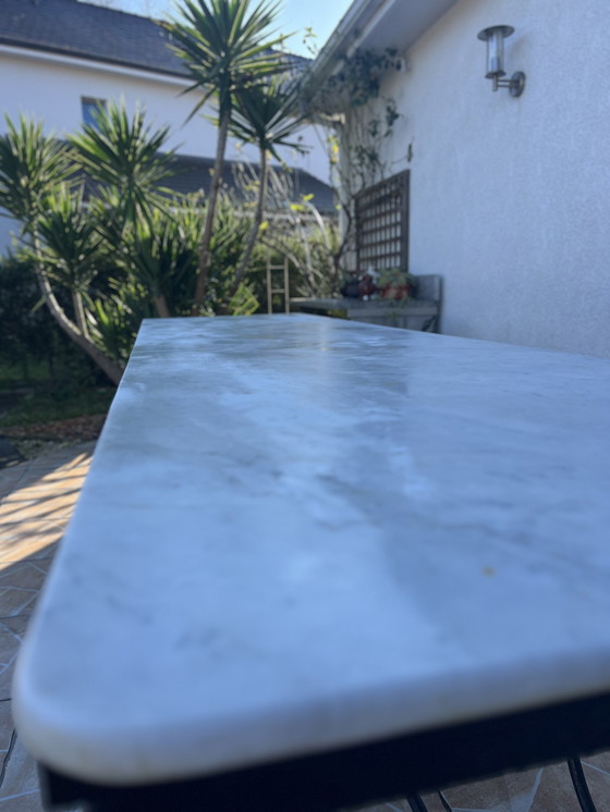 Image 1 of Antiker französischer Fleischereitisch aus Marmor und Schmiedeeisen