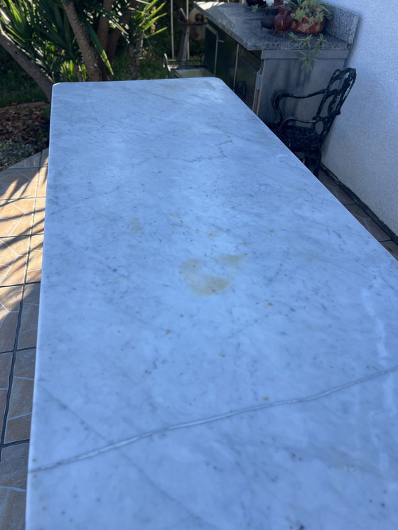 Image 1 of Antiker französischer Fleischereitisch aus Marmor und Schmiedeeisen