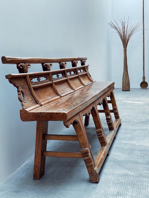 Antike Sitzbank Oper Theater Bank Aus Massivem Ulmenholz, Shanxi China 19. Jhd 