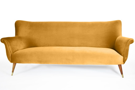 Dreisitzer-Sofa aus deutschem Samt, 60er Jahre, senffarben, restauriert