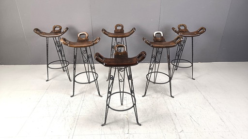 Vintage Spanisch Schmiedeeisen Barhocker, 1960er Jahre - Set von 6