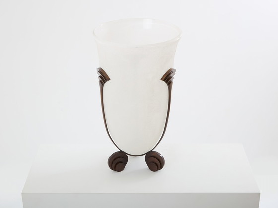 Image 1 of Karl Springer für Seguso Große Bronze Art Deco Vase aus Milchglas 1980