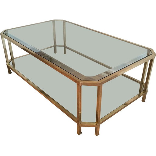 Achteckiger Couchtisch aus Messing und Glas, Frankreich 1970