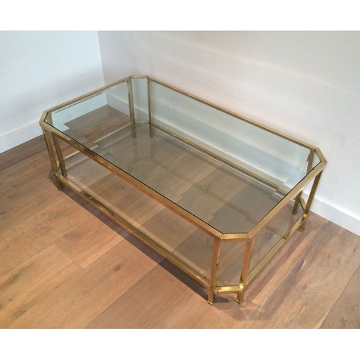Achteckiger Couchtisch aus Messing und Glas, Frankreich 1970