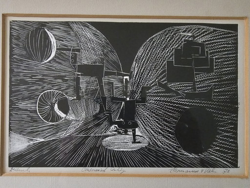 Herman van Valen – Radierung „Cosmic Ship“ 1972