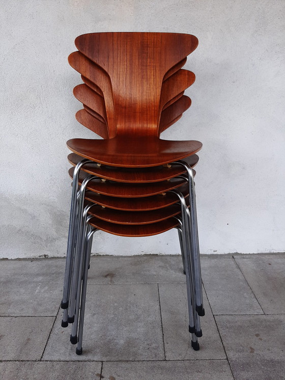 Image 1 of 6x Teakholz Arne Jacobsen Becher / Mückenstölen Fritz Hansen 1967