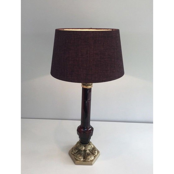 Image 1 of Vintage-Lampe aus Bronze und dunkelrotem Kristall, 1940