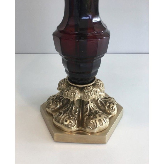 Image 1 of Vintage-Lampe aus Bronze und dunkelrotem Kristall, 1940