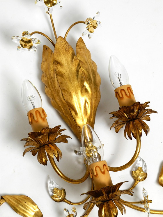 Image 1 of Paar elegante vergoldete italienische Regency-Muranoglas-Leuchter aus den 1980er Jahren mit Blumenmuster