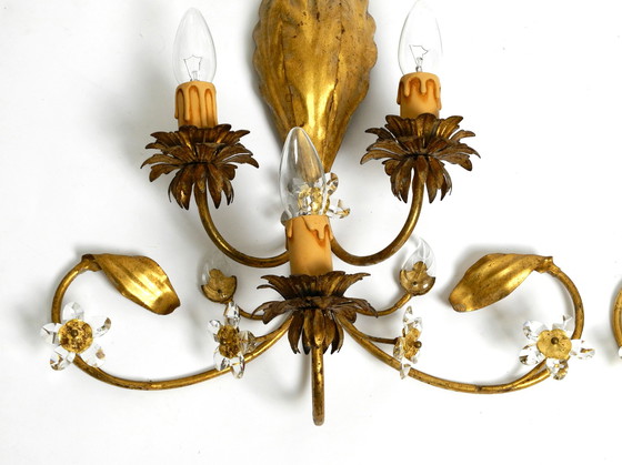 Image 1 of Paar elegante vergoldete italienische Regency-Muranoglas-Leuchter aus den 1980er Jahren mit Blumenmuster