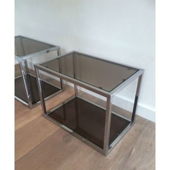 Image 1 of Paar französische Vintage-Couchtische aus Rauchglas 1970