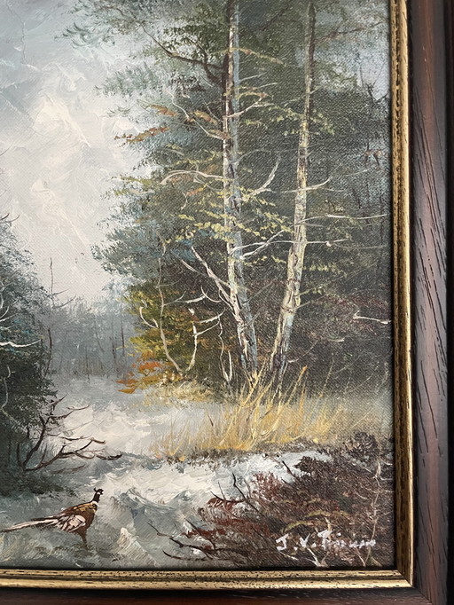 Gemälde mit Waldszene und Fasan in Original-Holzrahmen